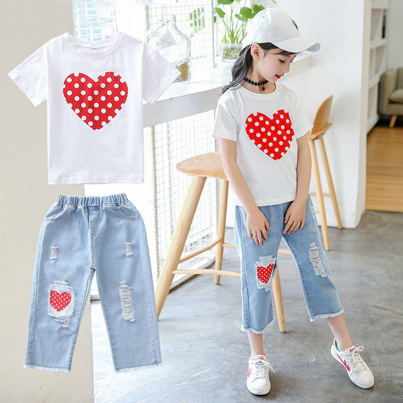 Urban Chic Girls White T shirt and Ripped Jeans Kids Suit for Trendsetting Style