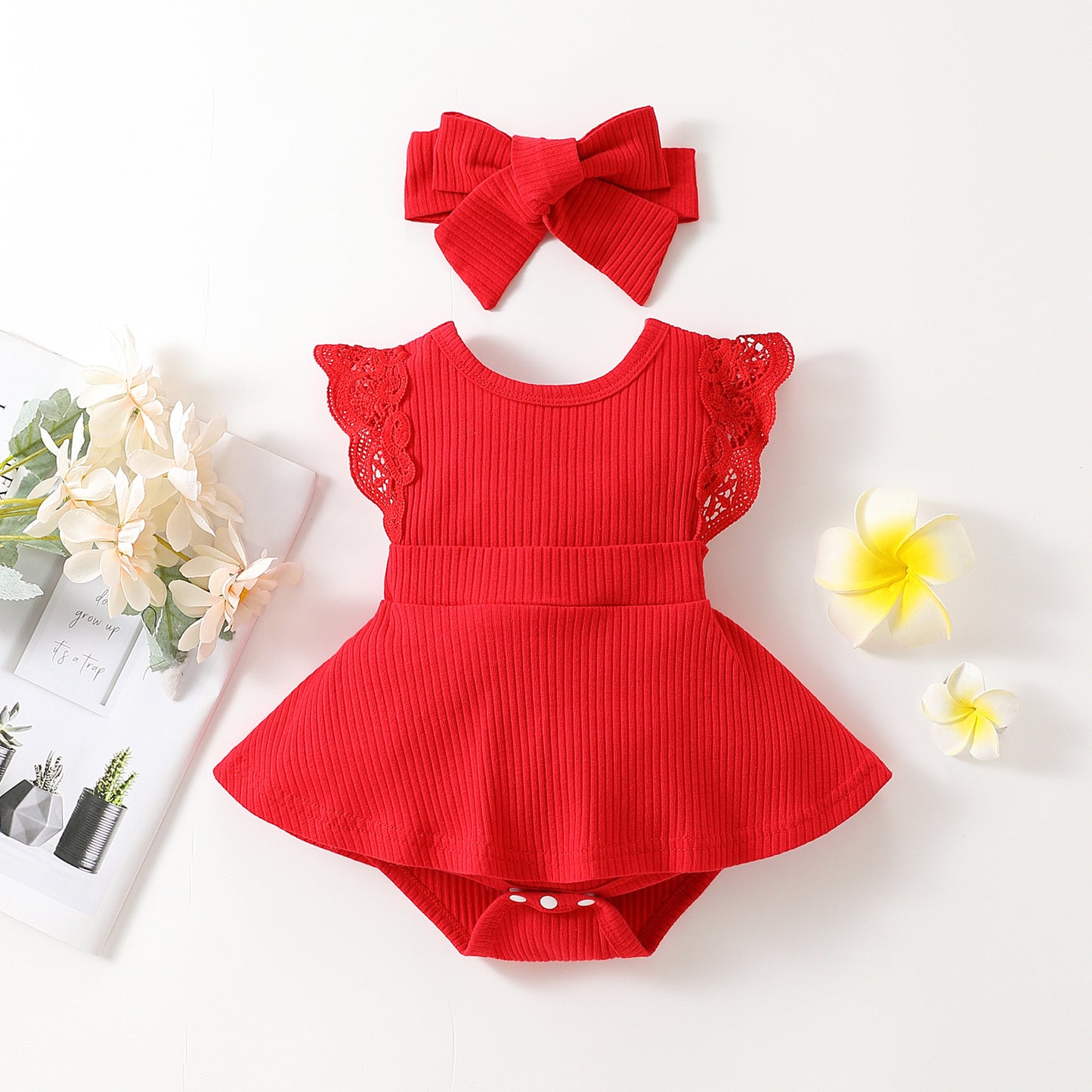 Floral Bloom Sleeveless Small Floral Baby Girl Triangle Romper with Headgear