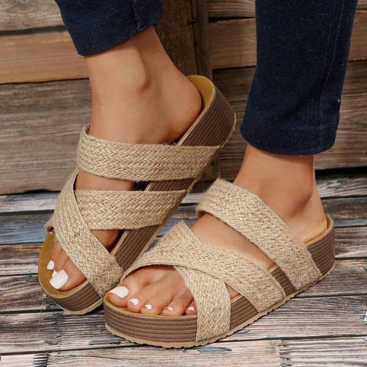 Summer Stride Woven Cross Strap Platform Sandals for Women Flat and Fabulous Beach Style