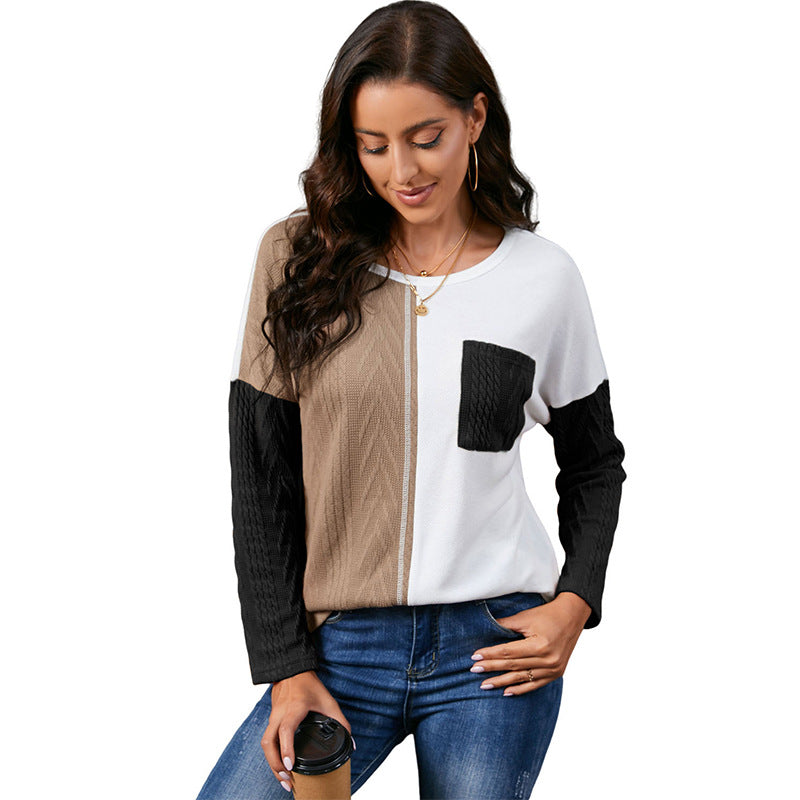 Women's Fashion Color Contrast Round Neck Pullover