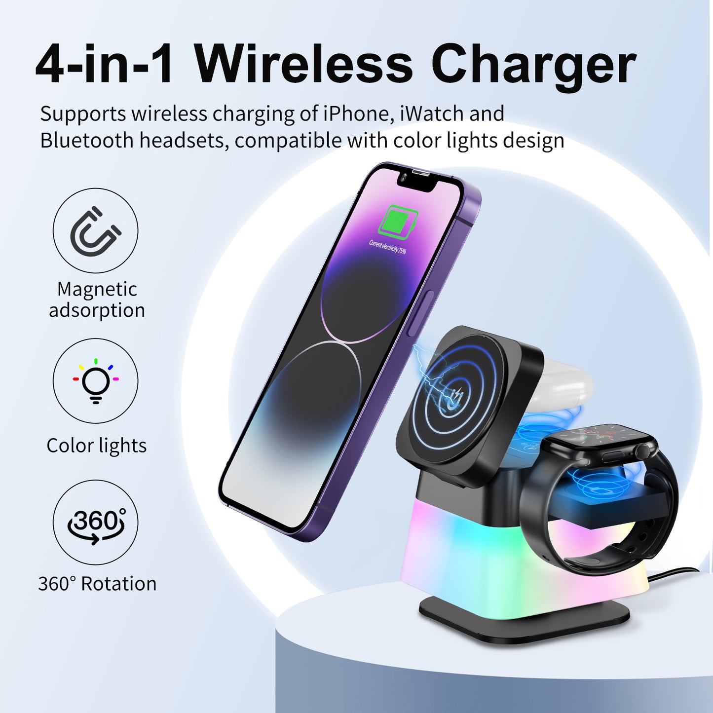 Versatile Charging Hub 4 in 1 Rotatable Colorful Lighting Wireless Charger Stand for iPhone 15 14 13 12 Pro Max 8 7 Includes Magnetic Fast Charging Station and Phone Holder