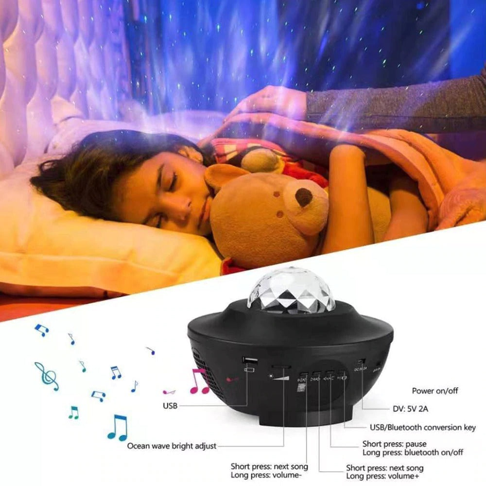 Starry Serenade: USB LED Night Light with Music and Water Wave Projection – Bluetooth Magic for Sound-Activated Decor