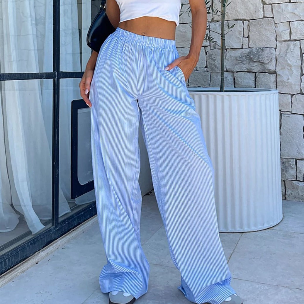 Summer Breeze Striped Elegance Women's Fashion Casual Wide Leg Pants for Effortless Style