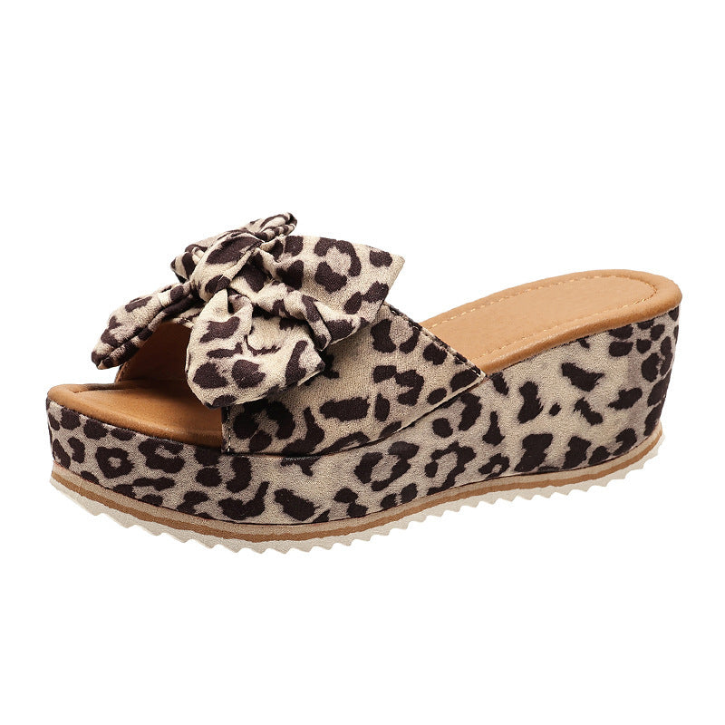 Wild Chic Bow Leopard Print Wedge Slippers with Thick Soles High Heel Flat Shoes for Stylish Summer Outdoor Comfort