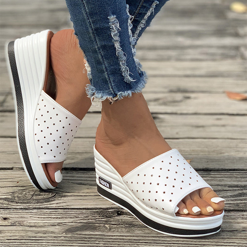 Ocean Breeze Chic Fish Mouth Wedges Sandals with Hollow Design High Heels Slides for Stylish Casual Beachwear