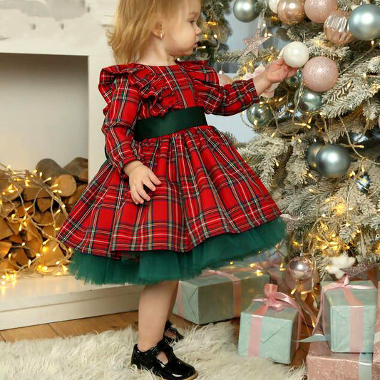 Cheerful Festivities Girls Red Checkered Bow Christmas Dress Adding Joyful Charm to Holiday Celebrations