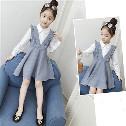 Stylish Sophistication Girls Long Sleeved Dresses with Big Kids Fake Two Piece Plaid Skirt