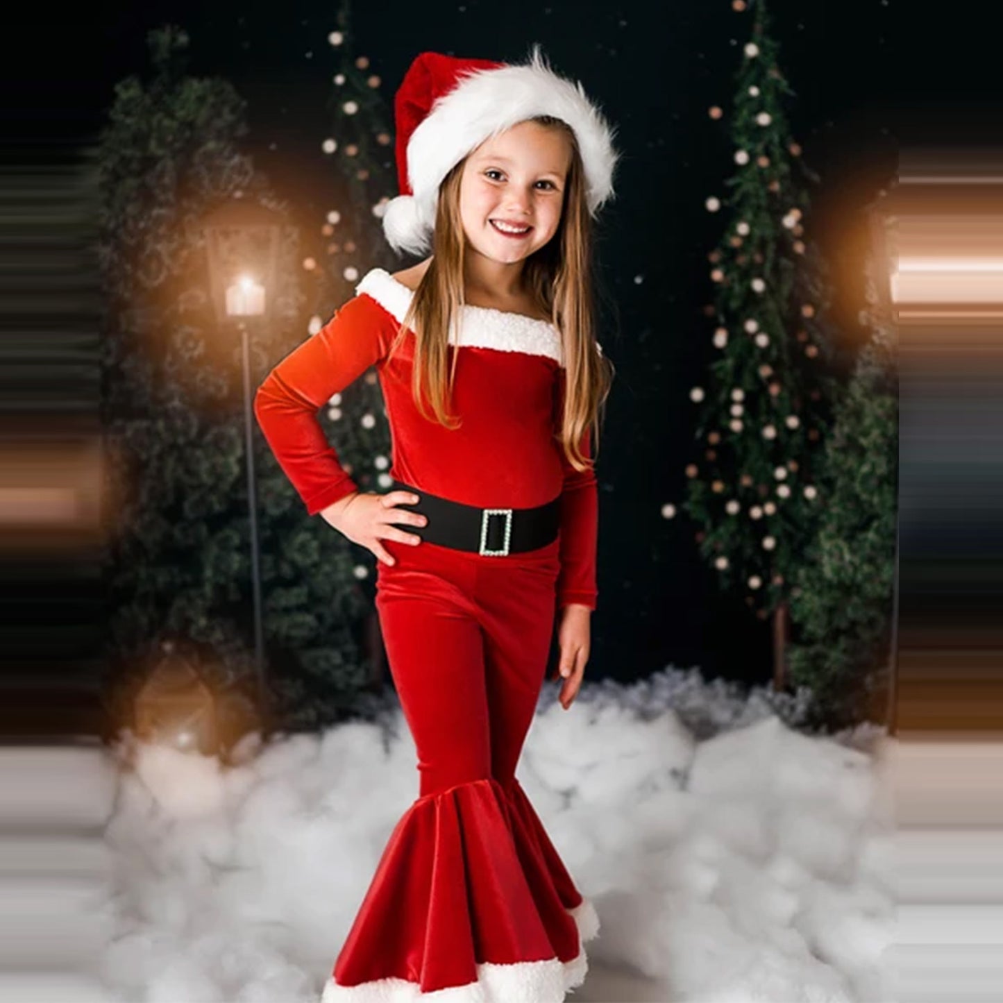 Christmas Cozy Kids Set Long Sleeved Shirt Bell Bottoms and Hat Ensemble for Festive Comfort