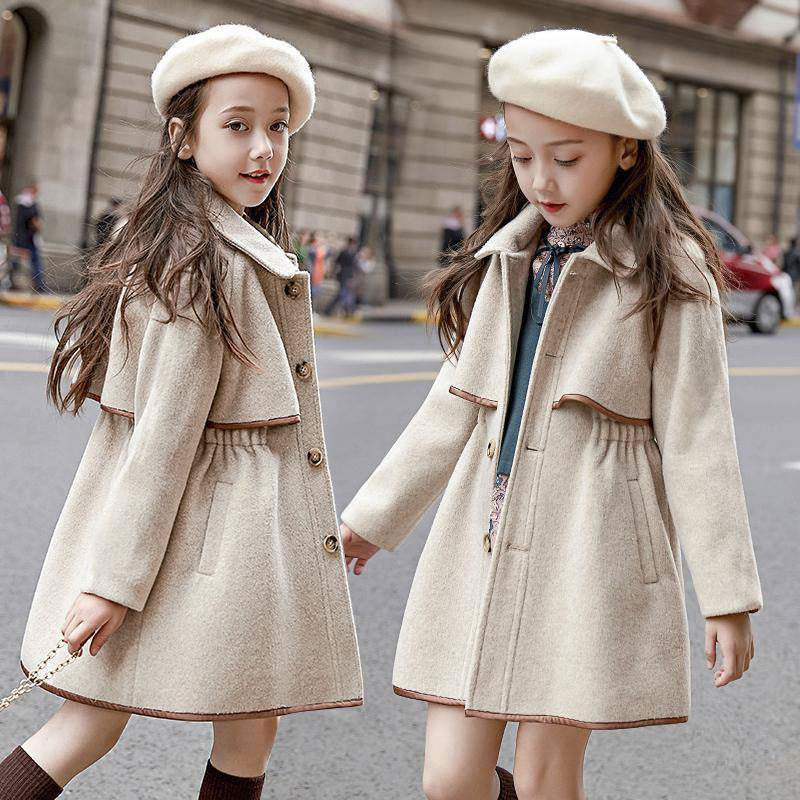 British Fashion Mid Length Solid Color Woolen Coat for Children Stylish and Warm with Thickened Waist Design