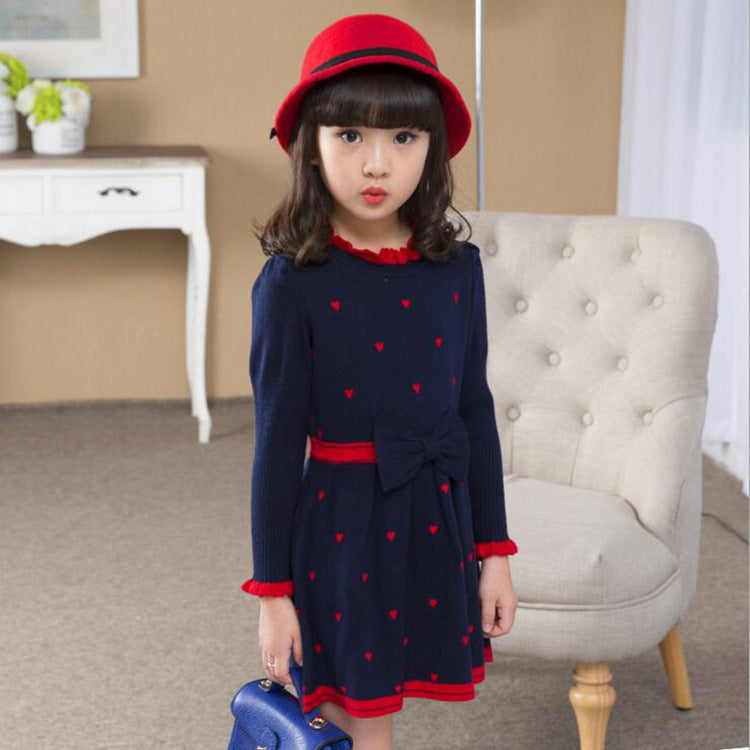 Princess Charm Girls Long Sleeved Round Neck Sweater Dress with Bow Stitching Korean Inspired and Perfect for Any Occasion