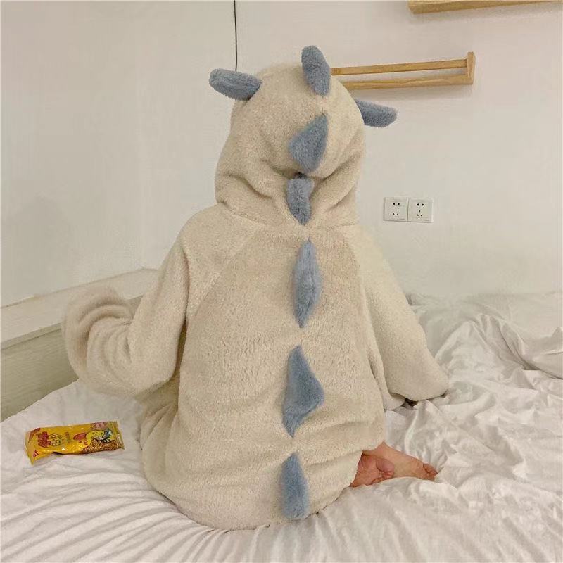 Cute Cartoon Dinosaur Coral Fleece Nightdress for Women - Autumn/Winter