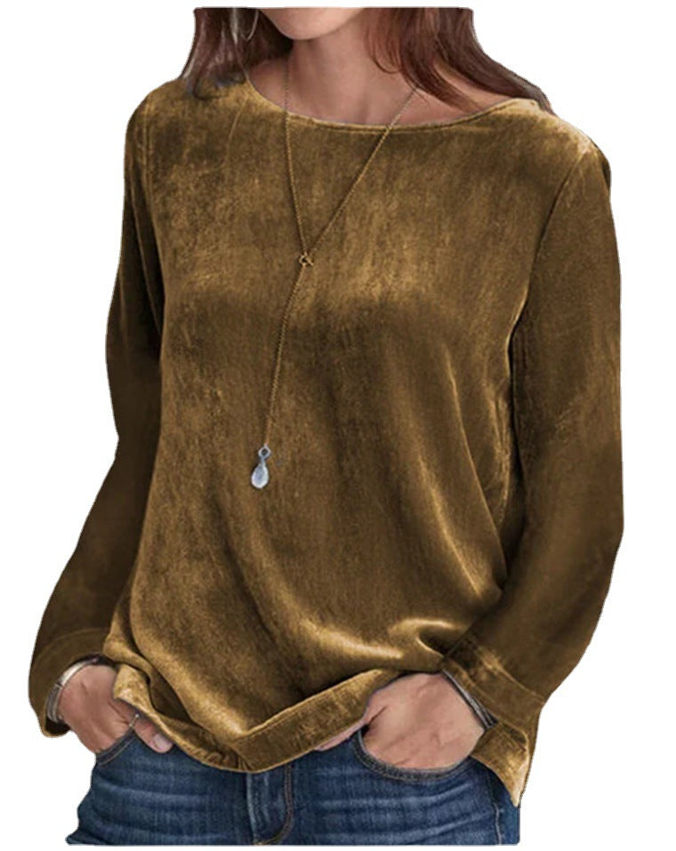 Velvet Chic Solid Color Round Neck Long Sleeve Pullover Sweater