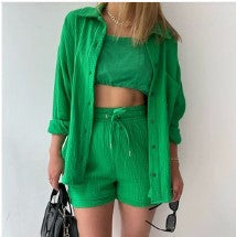 Spring Champray Outfits Lapel Long Sleeve Shirt High Waist Drawstring Shorts Plus Size Fashion Casual Set