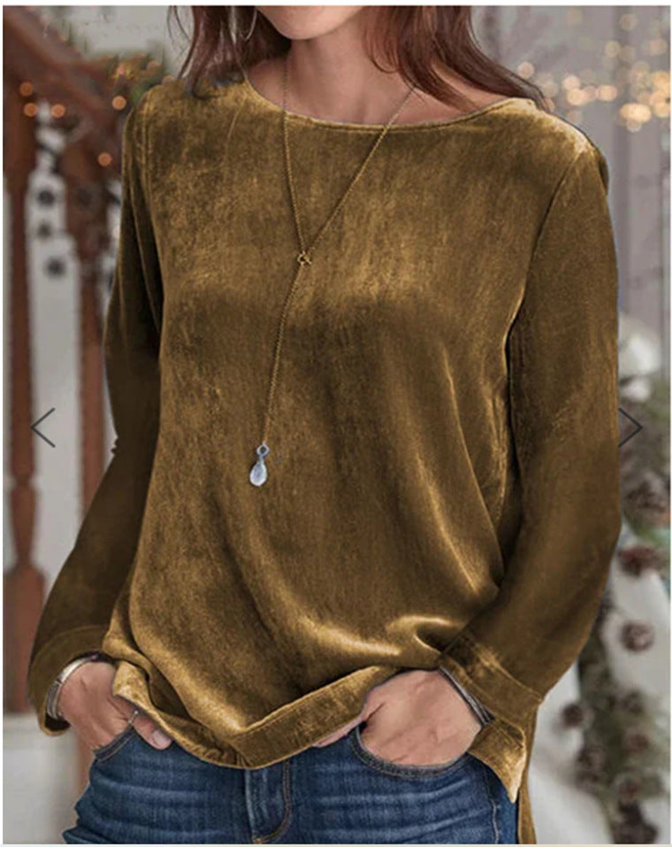 Velvet Chic Solid Color Round Neck Long Sleeve Pullover Sweater