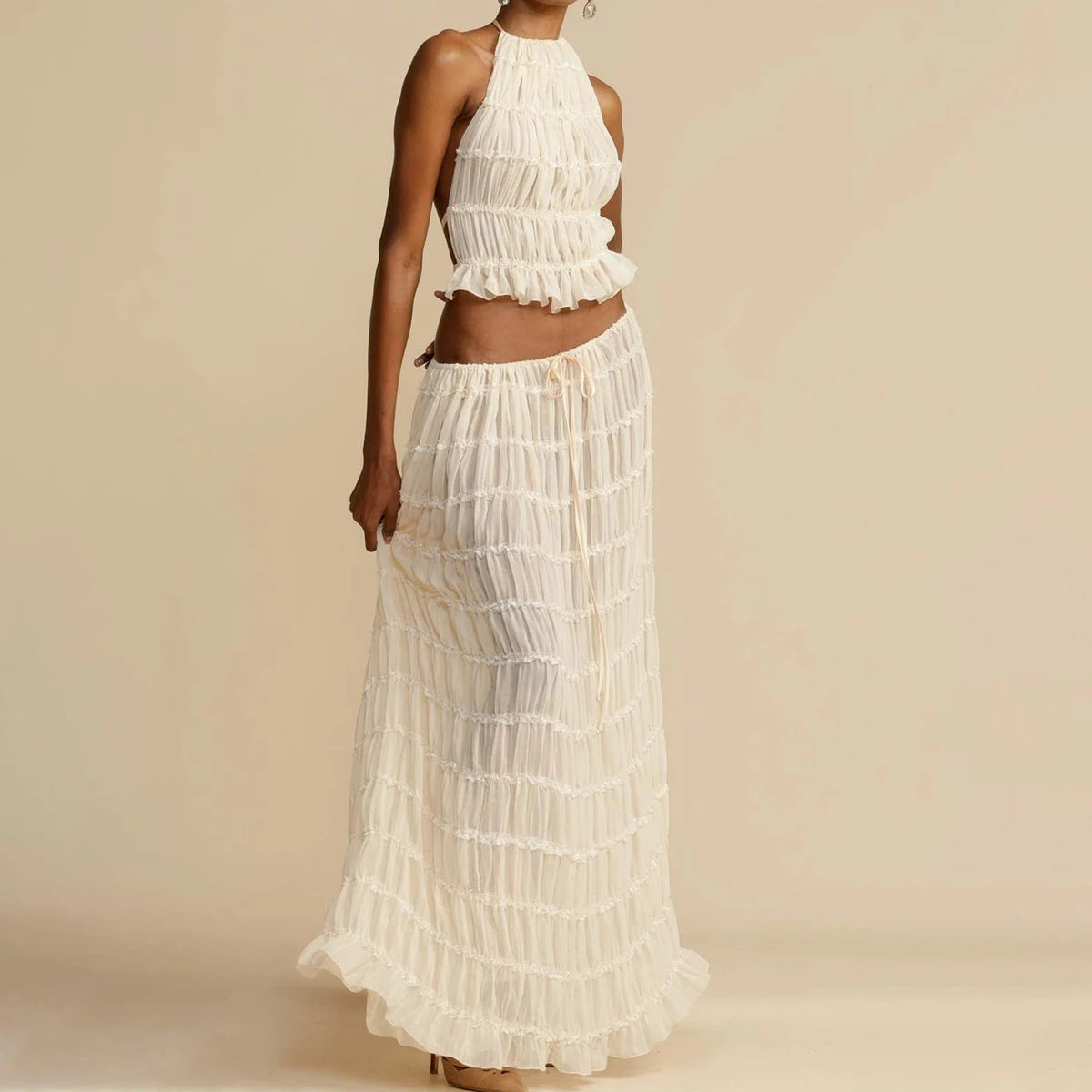 Graceful Ensemble Sleeveless Backless Cropped Halter Top and Pleated Long Dress Set for Women