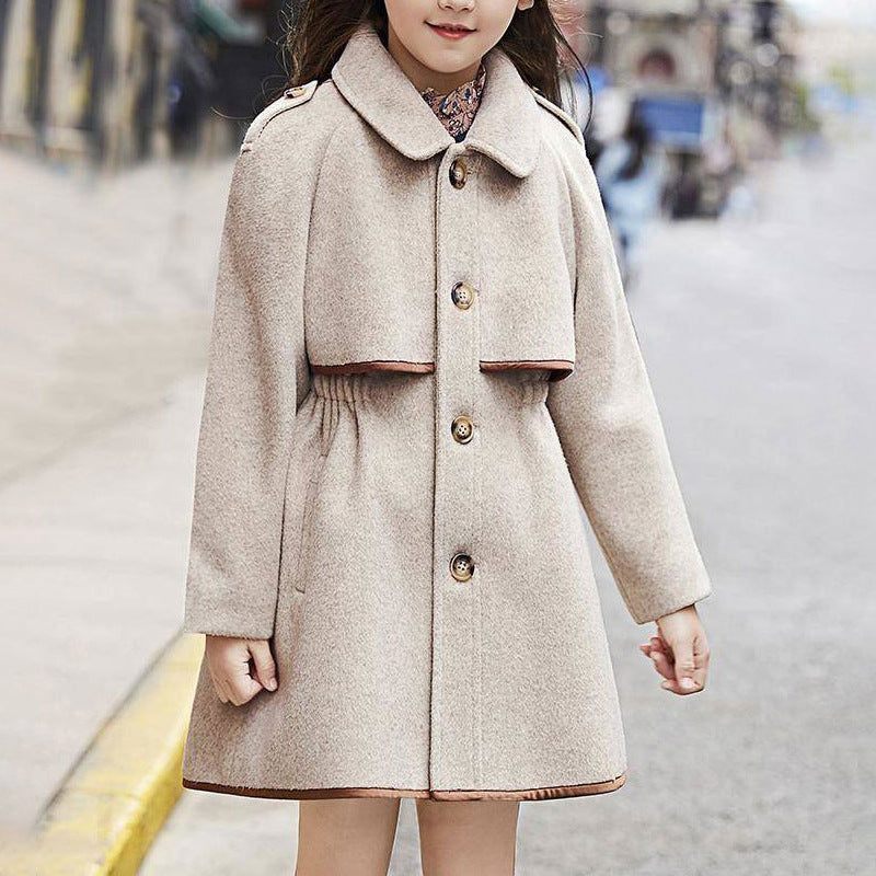 British Fashion Mid Length Solid Color Woolen Coat for Children Stylish and Warm with Thickened Waist Design