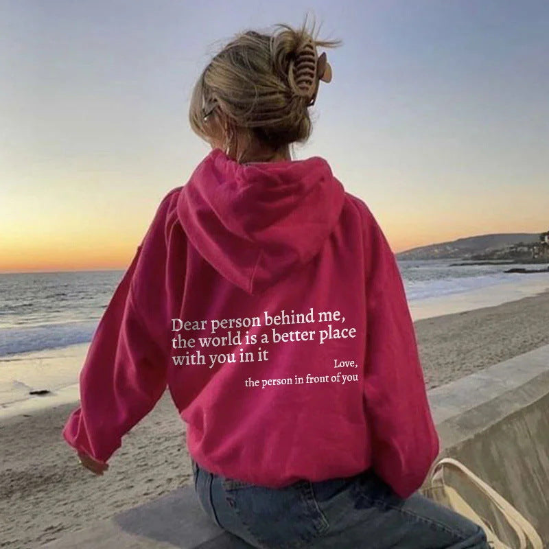 Women's Plush Letter Printed Hoodie with Kangaroo Pocket