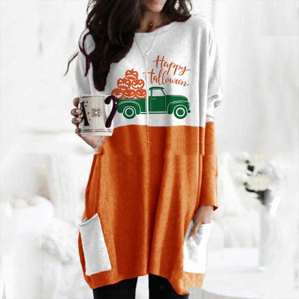 Pumpkin Halloween Pocket Long Sleeve Dress