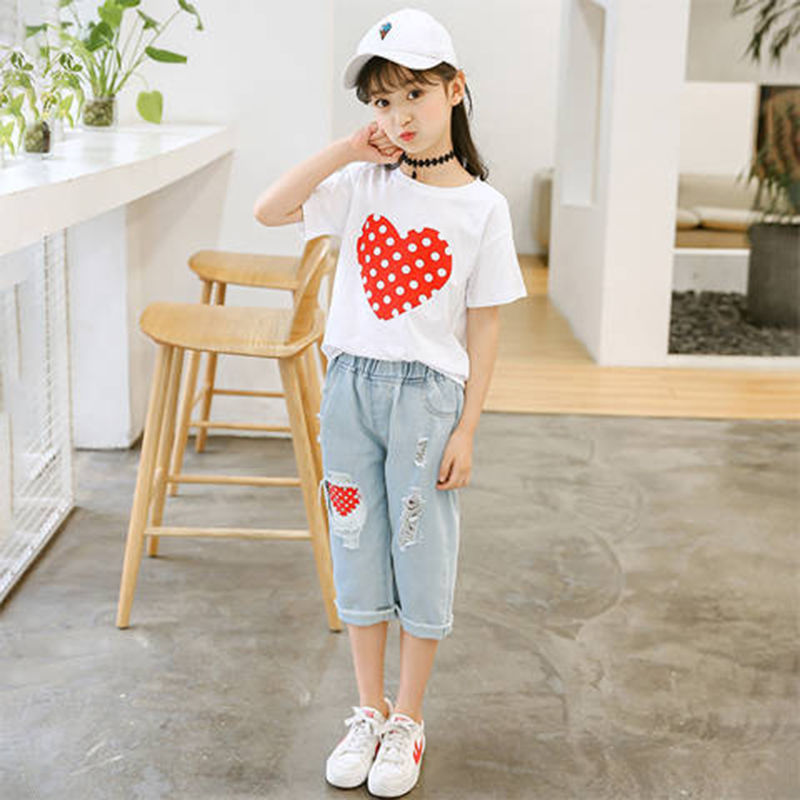 Urban Chic Girls White T shirt and Ripped Jeans Kids Suit for Trendsetting Style