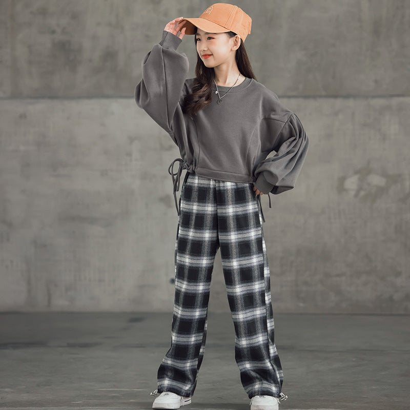 Trendy Western Korean Fusion Girls Western Style Suits with Plaid Trousers for Fashionable Big Kids