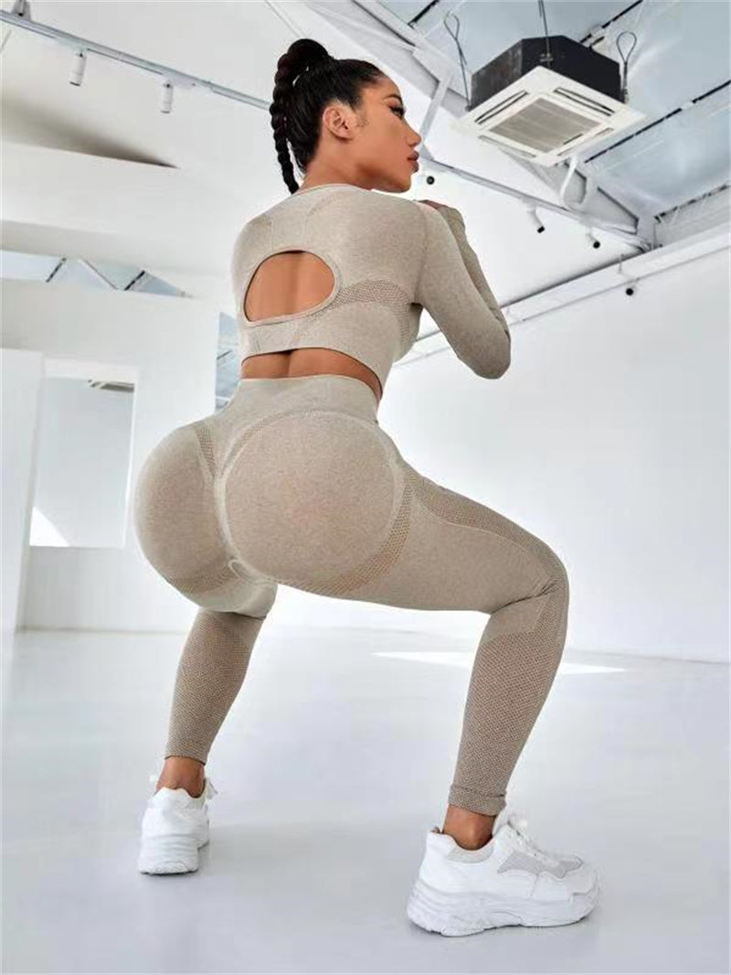 Ultimate Performance Ensemble 2pcs Long Sleeve Hollow Design Tops and Butt Lifting High Waist Seamless Fitness Leggings  Ideal Sports Gym Sportswear Outfits