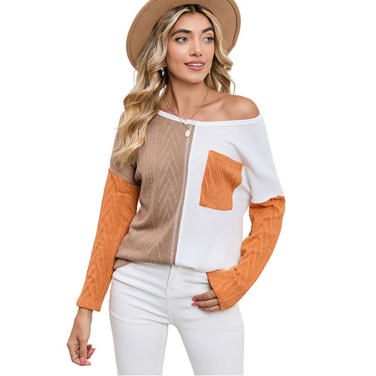 Women's Fashion Color Contrast Round Neck Pullover