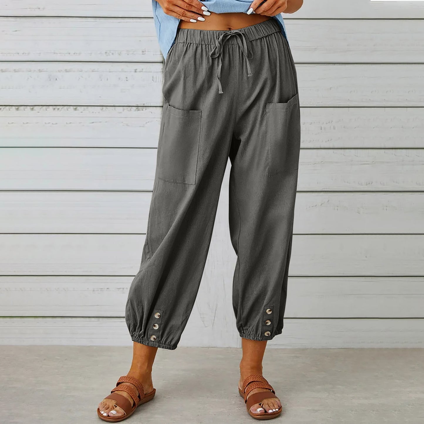 Women Drawstring Tie Pants Spring Summer Cotton And Linen Trousers With Pockets Button