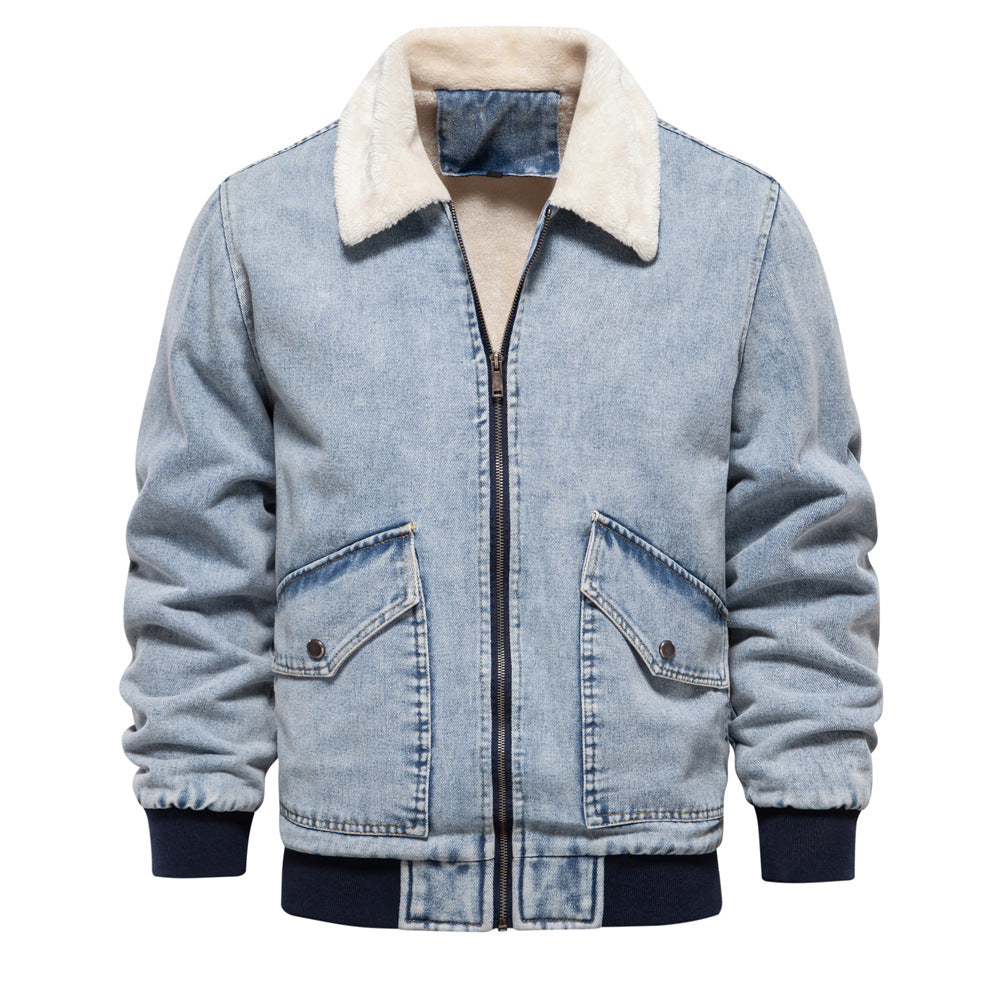 Men's European Size Plush Fleece-Lined Denim Jacket: Winter Sherpa Windbreaker