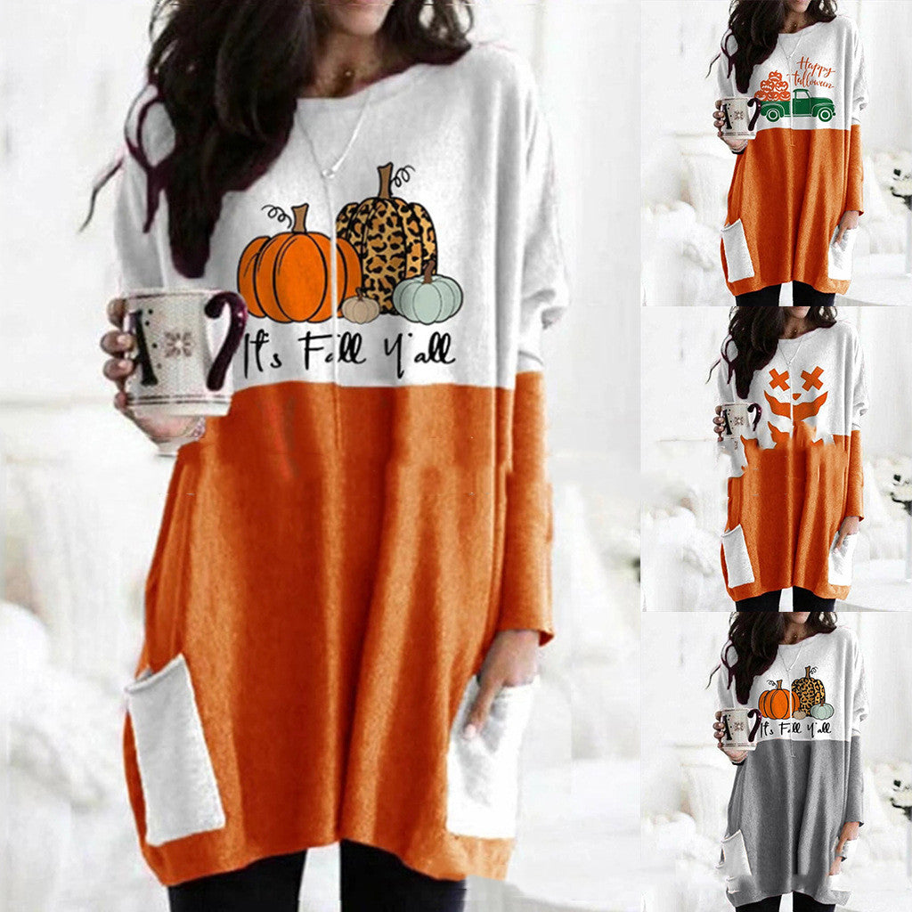 Pumpkin Halloween Pocket Long Sleeve Dress