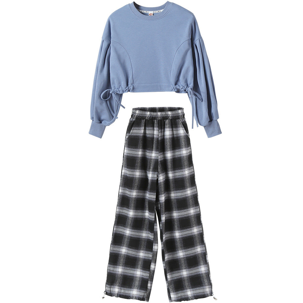 Trendy Western Korean Fusion Girls Western Style Suits with Plaid Trousers for Fashionable Big Kids