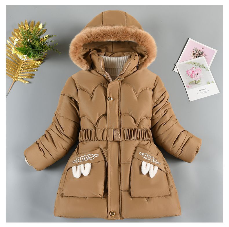 Cozy Elegance Mid Length Fleece Cotton Coat with Large Fur Collar and Waisted Design