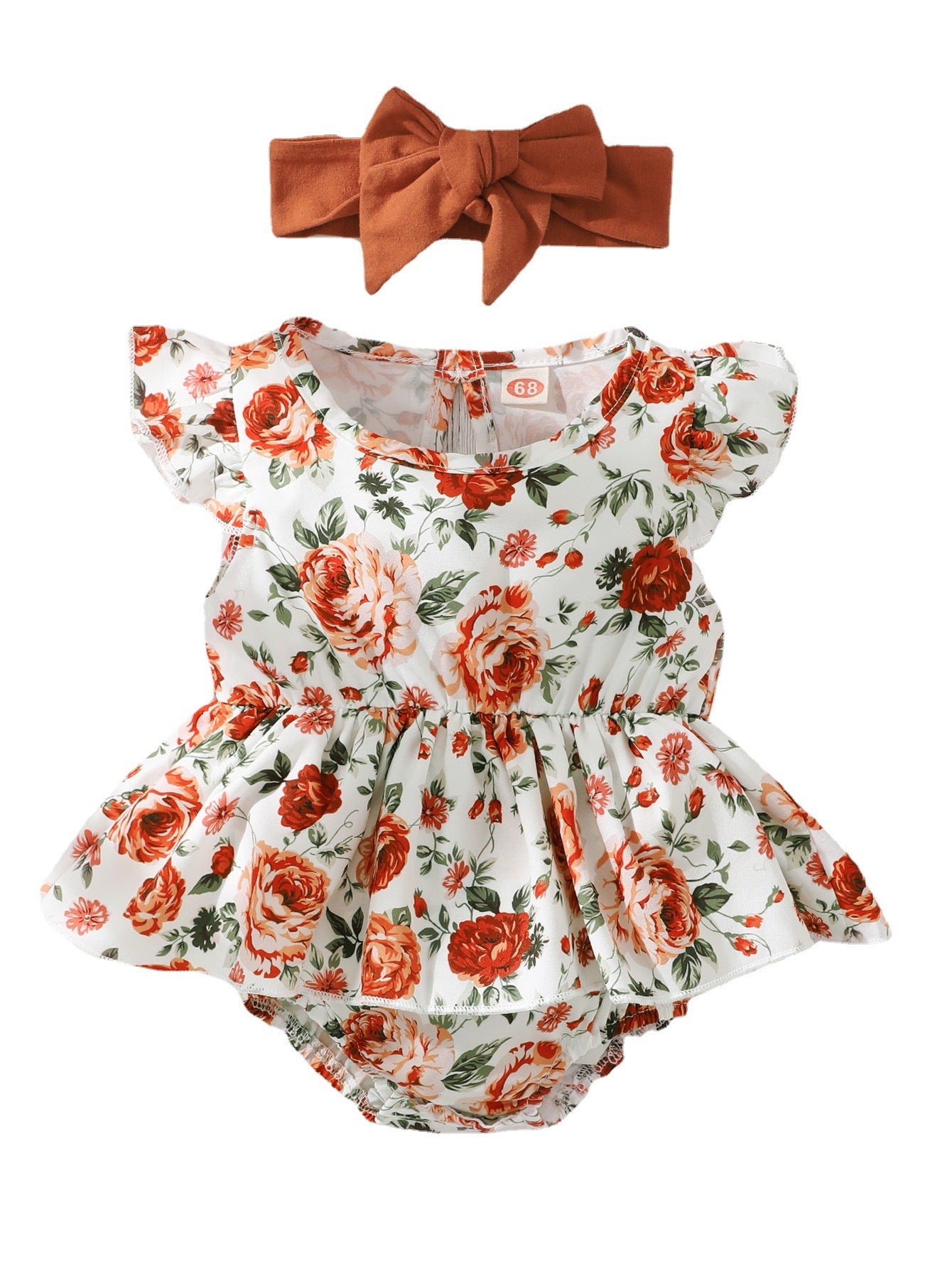 Floral Bloom Sleeveless Small Floral Baby Girl Triangle Romper with Headgear