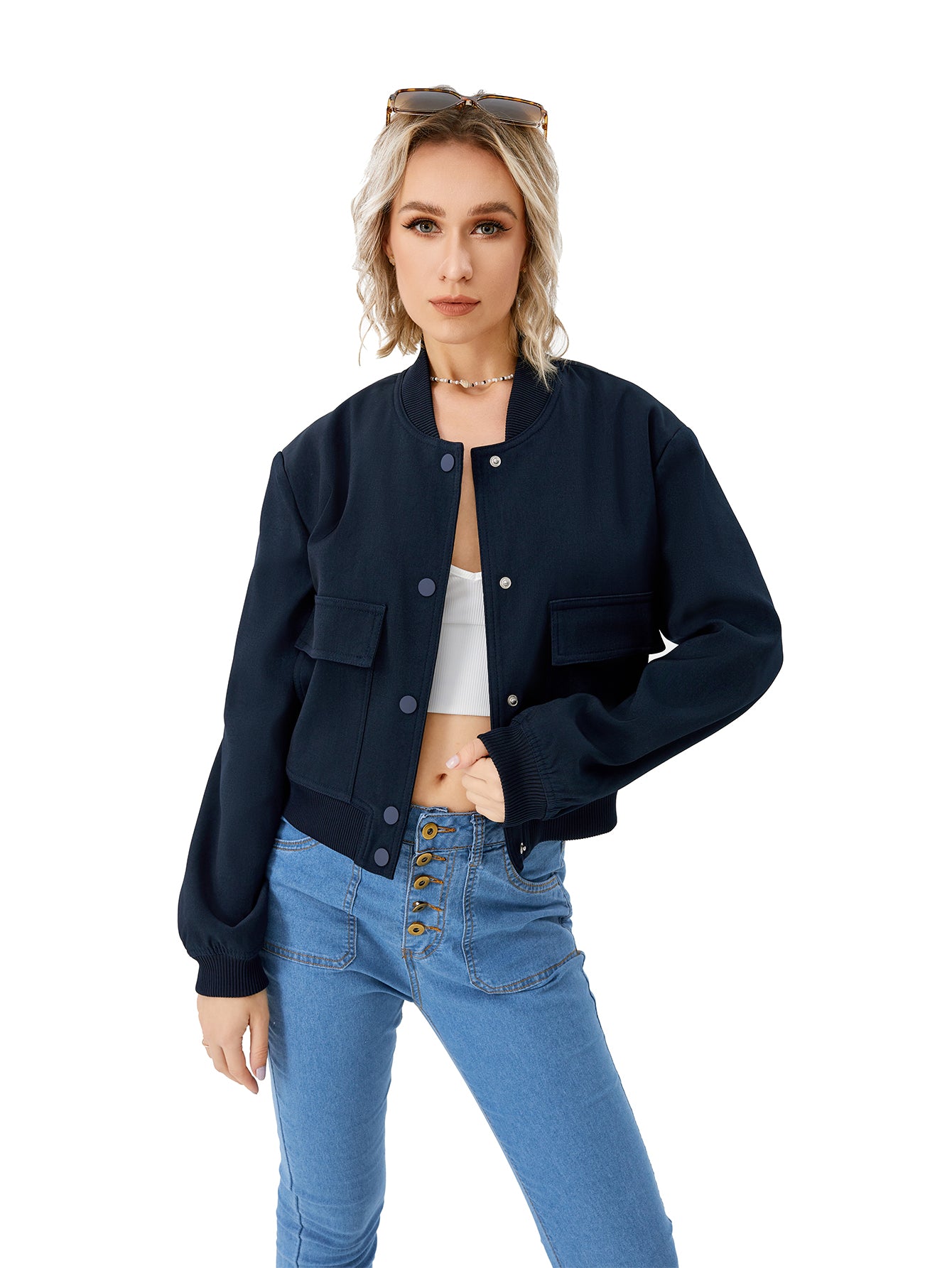 Women's Lightweight Cropped Bomber Jacket Casual Long Sleeve Varsity Jacket With Pocket Fashion Y2k Jacket Streetwear