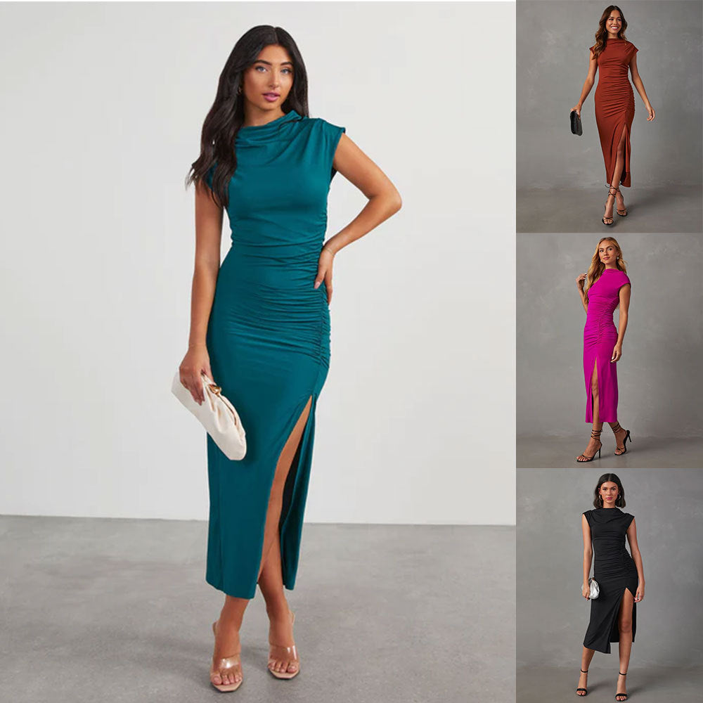 Chic Sophistication European and American Solid Color Slim Fit Sheath Dress with Temperament Split Detail