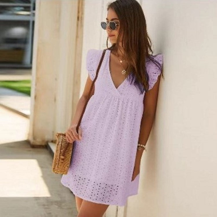 Summer Breeze V Neck Cotton Short Skirt Dress in Solid Color for Casual Elegance