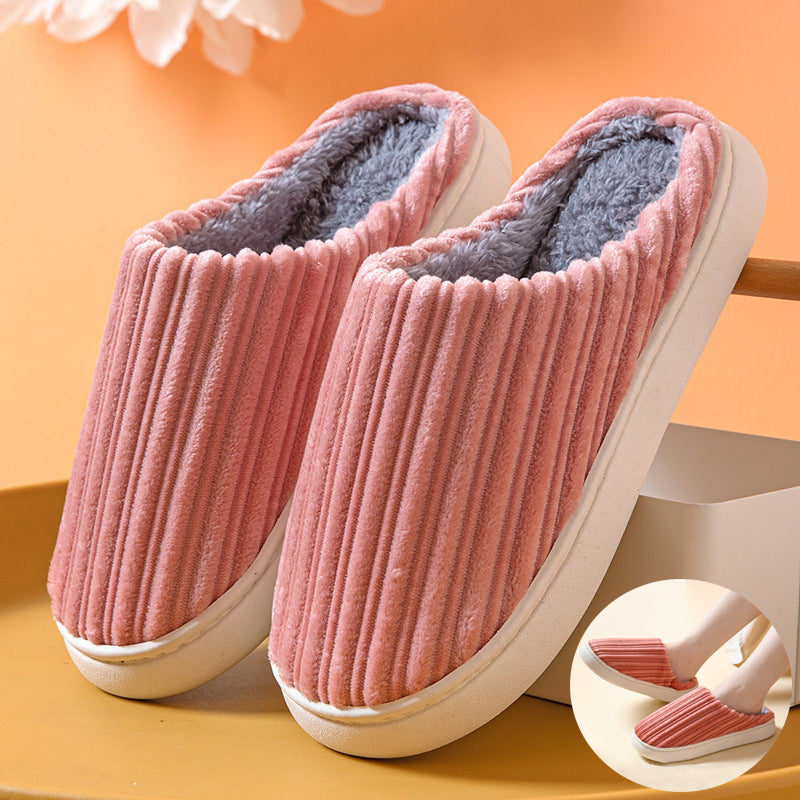 Step into Cozy Luxury with Striped Design Slippers: Thick-Soled, Plush Cotton, Anti-Slip - Perfect for Women's Winter Indoor Comfort