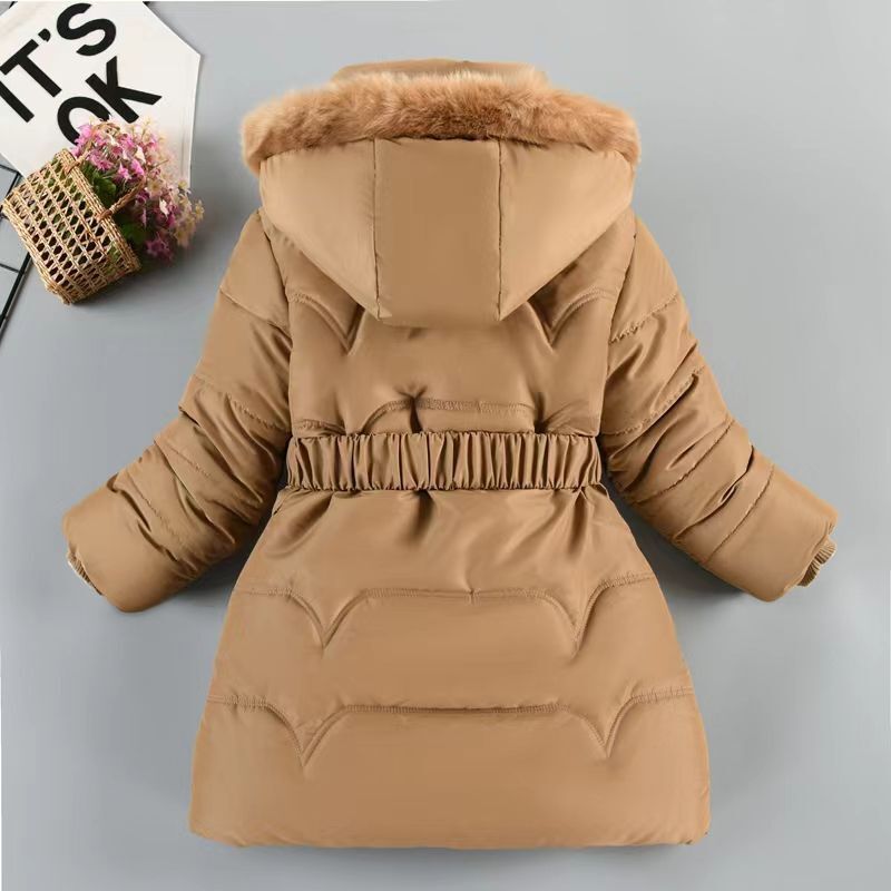 Cozy Elegance Mid Length Fleece Cotton Coat with Large Fur Collar and Waisted Design