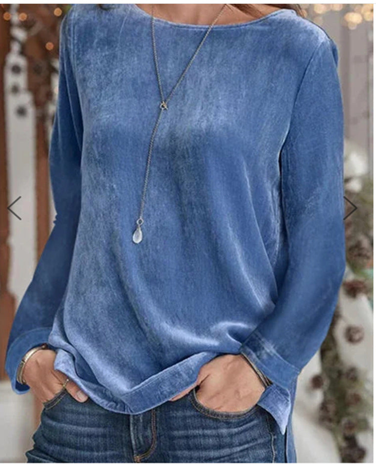 Velvet Chic Solid Color Round Neck Long Sleeve Pullover Sweater