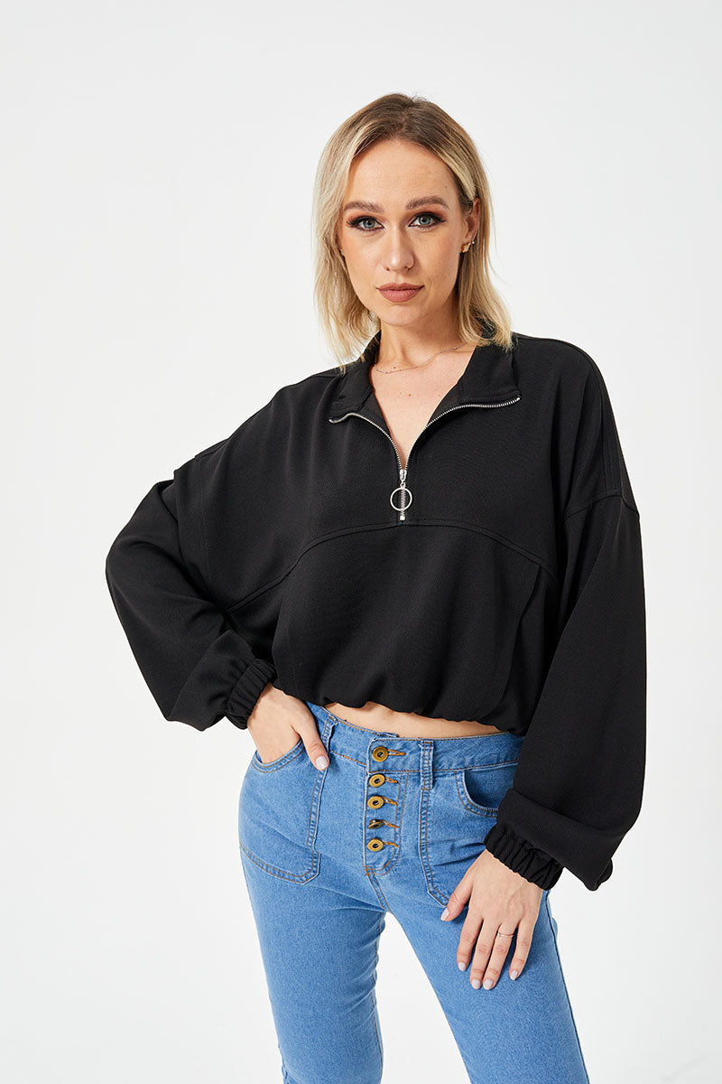 Women's Long Sleeve Lapel Half Zip Up Sweatshirt Solid Stylish Loose Fit Casual Pullover Tops Women's Loose Casual Half Zipper Sweatshirt