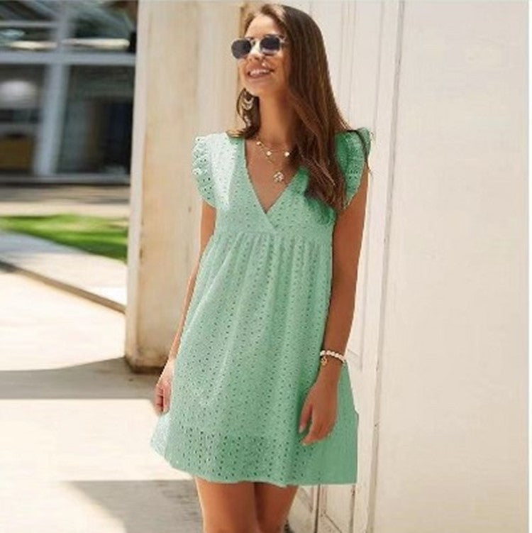 Summer Breeze V Neck Cotton Short Skirt Dress in Solid Color for Casual Elegance