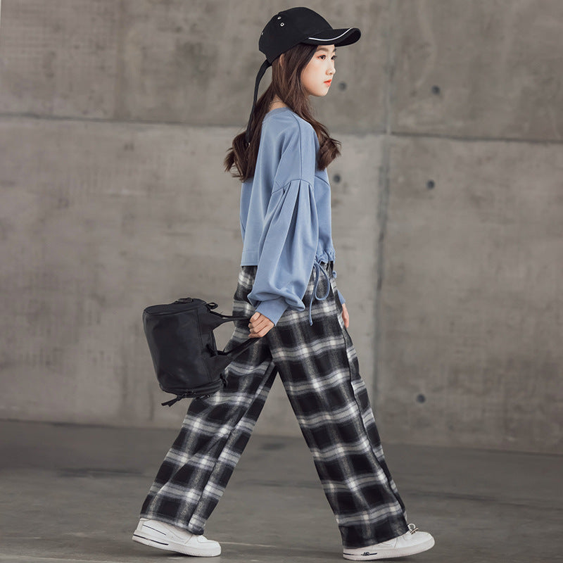 Trendy Western Korean Fusion Girls Western Style Suits with Plaid Trousers for Fashionable Big Kids