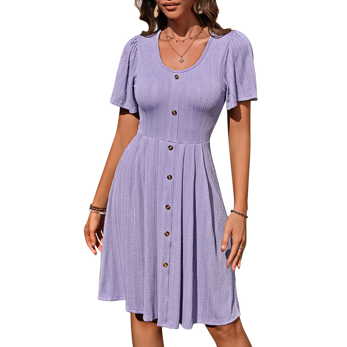 Summer Chic U Neck Short Sleeved Dress with Button Design Fashionable Casual Solid Color Holiday Dress for Women Clothing