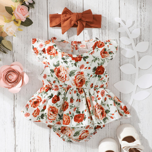 Floral Bloom Sleeveless Small Floral Baby Girl Triangle Romper with Headgear