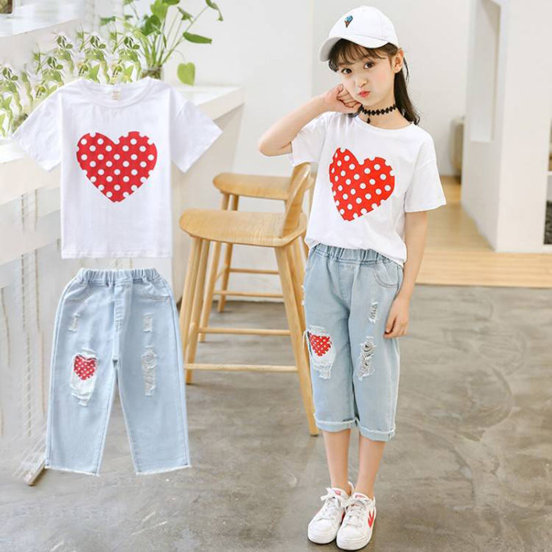 Urban Chic Girls White T shirt and Ripped Jeans Kids Suit for Trendsetting Style