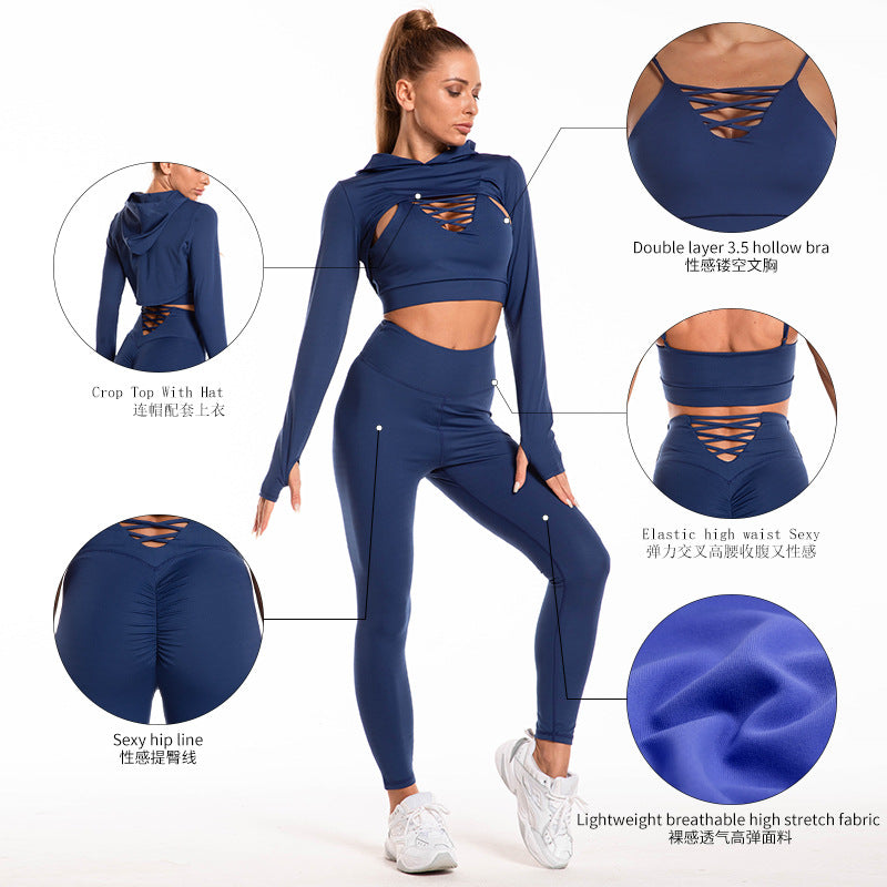 Ultimate Fitness Trio 3pcs Sports Suits with Long Sleeve Hooded Top Hollow Design Camisole and Butt Lifting High Waist Seamless Leggings Perfect Gym Outfits