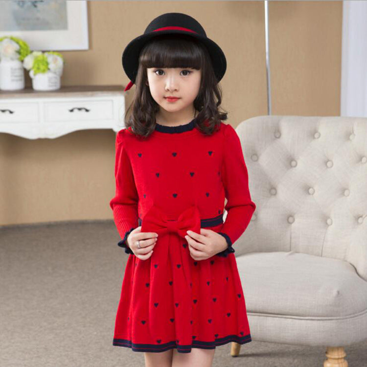 Princess Charm Girls Long Sleeved Round Neck Sweater Dress with Bow Stitching Korean Inspired and Perfect for Any Occasion