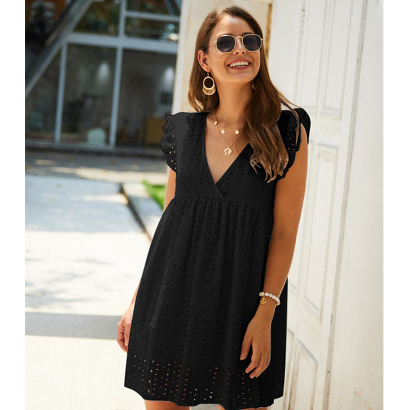 Summer Breeze V Neck Cotton Short Skirt Dress in Solid Color for Casual Elegance