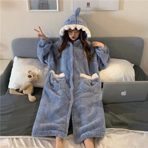 Cute Cartoon Dinosaur Coral Fleece Nightdress for Women - Autumn/Winter