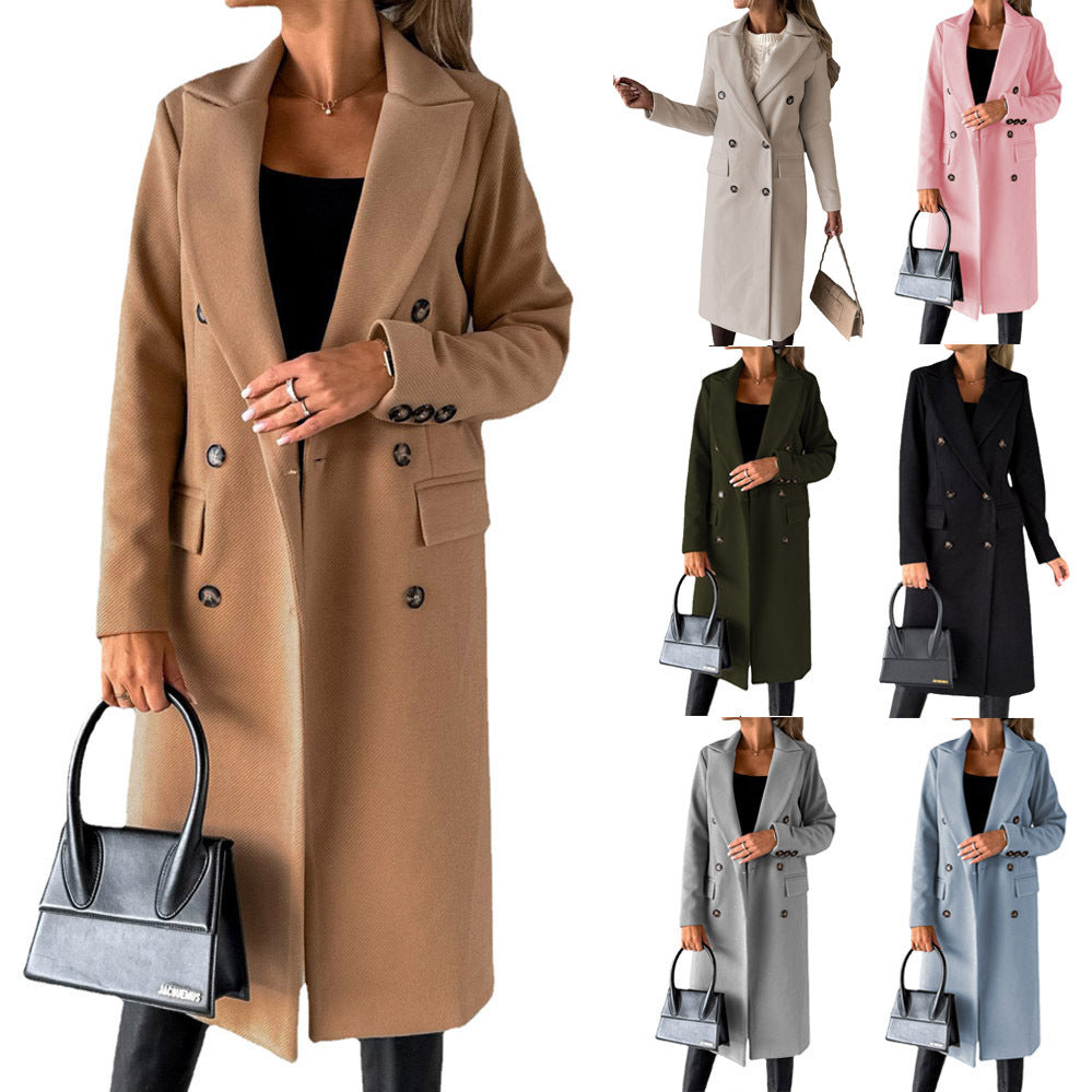 Long Sleeve Lapel Solid Double Breasted Slim Coat Coat