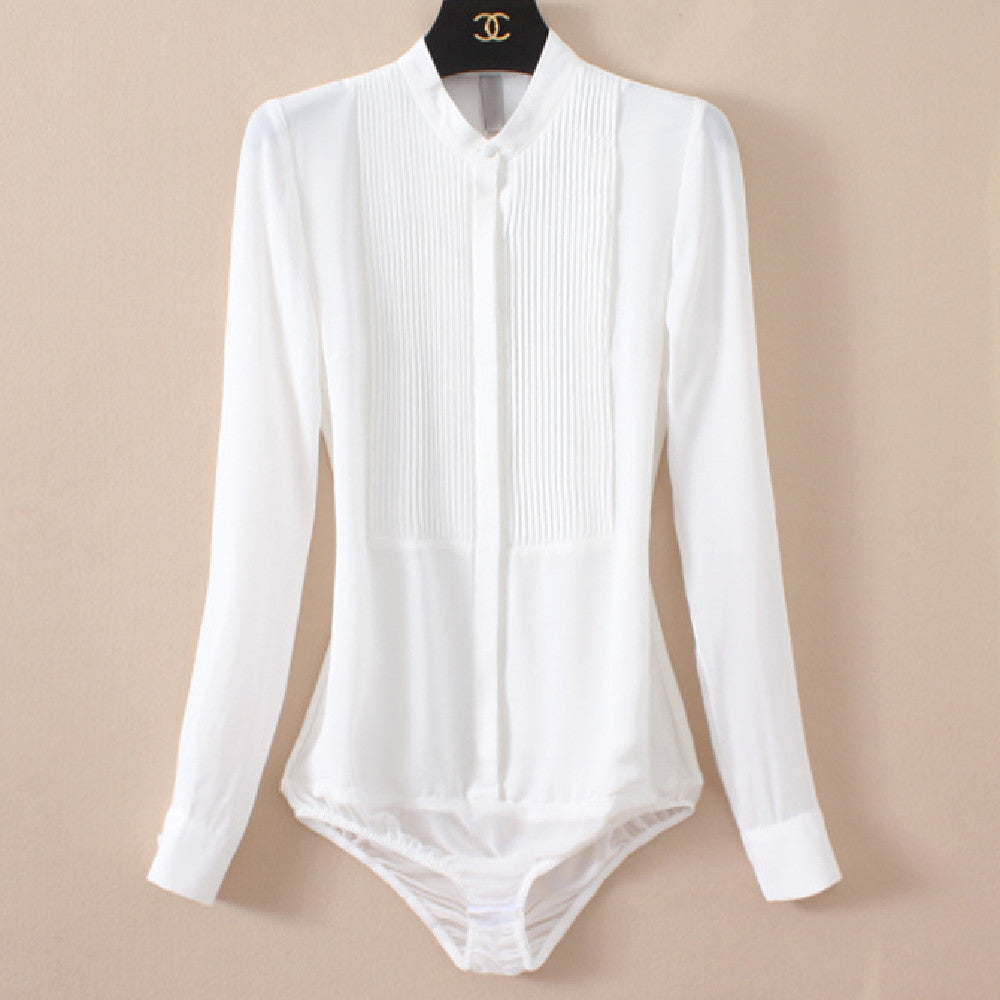 Chic Elegance Stand Collar Organ Pleated Chiffon Shirt Effortlessly Stylish One Piece Design